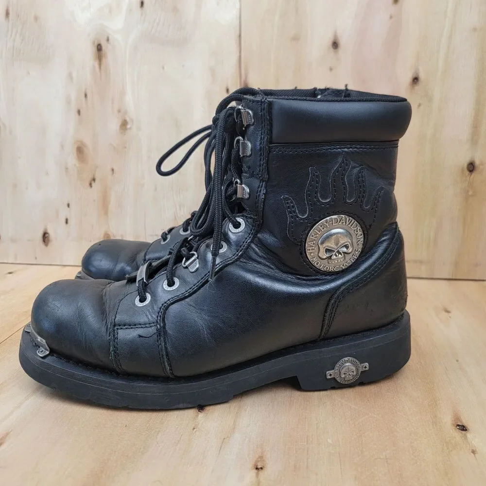 Harley Davidson Boots Mens 9.5 Flames Skulls Black Leather Moto Biker Riding